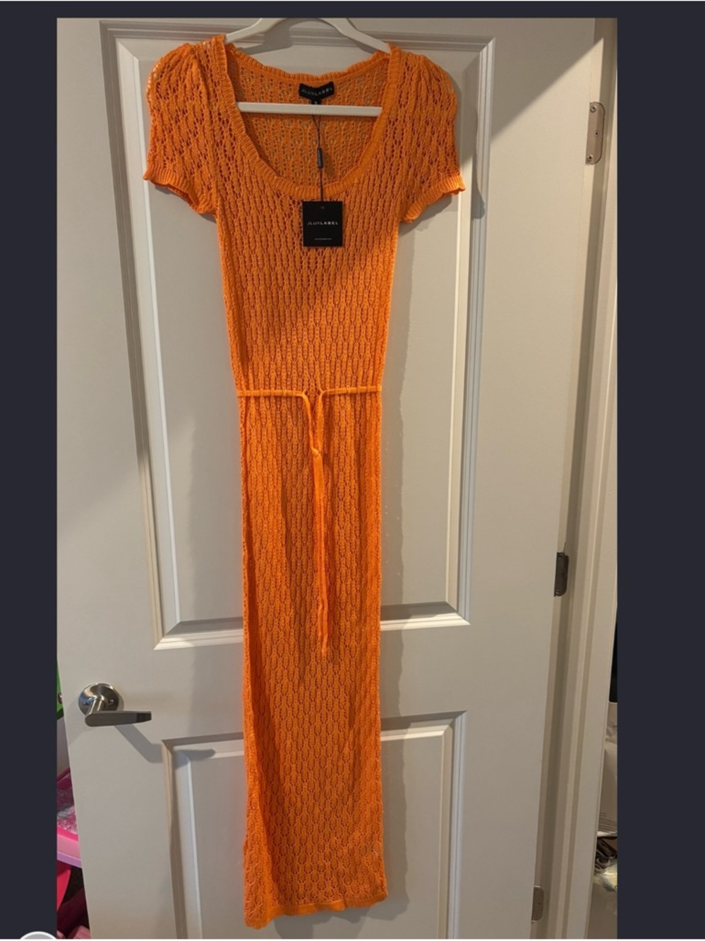 JLUXLABEL Orange Short-Sleeve Crochet Maxi Dress with Waist Tie